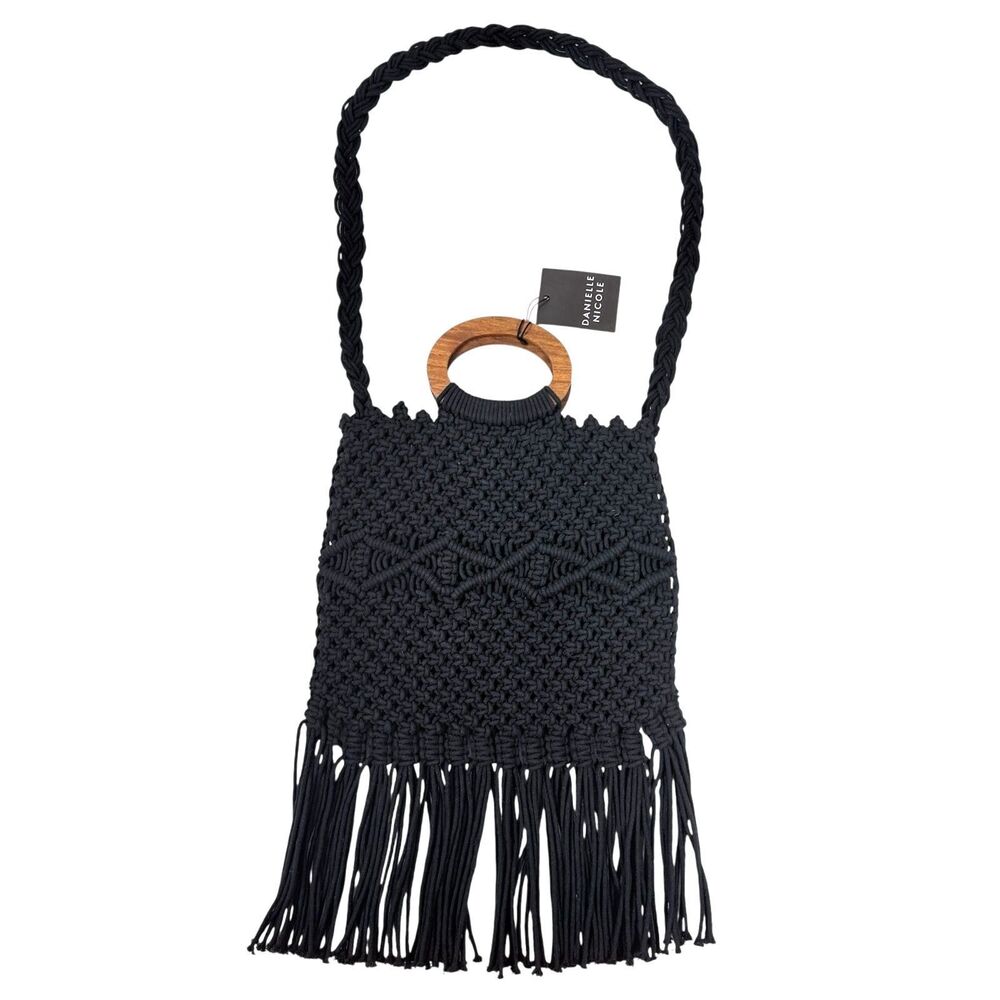 Danielle Nicole Macrame Black Wood Handle NWT Boho Fringe Shoulder Bag Crossbody